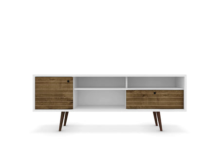 Liberty 70.86" Mid-Century Modern TV Stand in White and Rustic Brown by Manhattan Comfort at Eve Furniture
