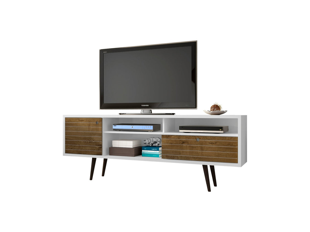 Liberty 70.86" Mid-Century Modern TV Stand in White and Rustic Brown by Manhattan Comfort at Eve Furniture