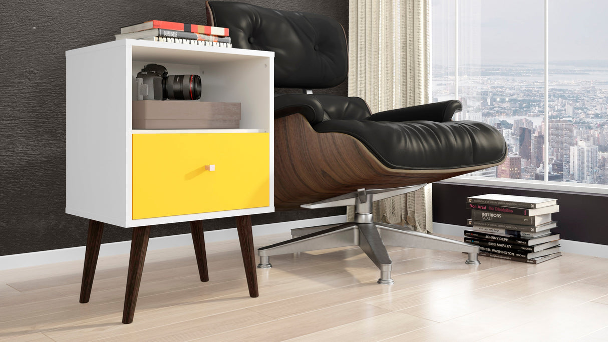 Liberty Mid-Century Modern Nightstand 1.0 in White and Yellow by Manhattan Comfort at Eve Furniture