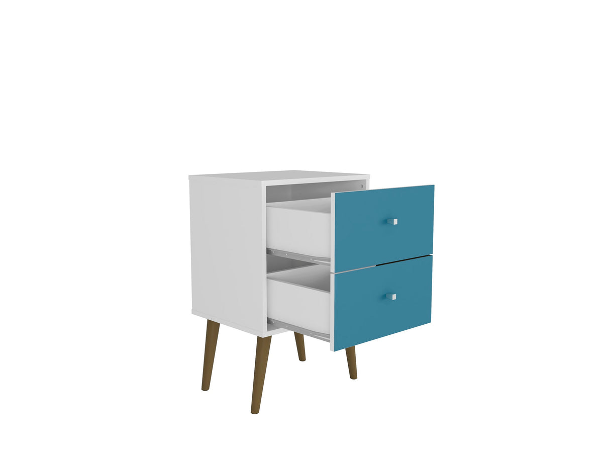 Liberty Mid-Century Modern Nightstand 2.0 in White and Aqua Blue by Manhattan Comfort at Eve Furniture