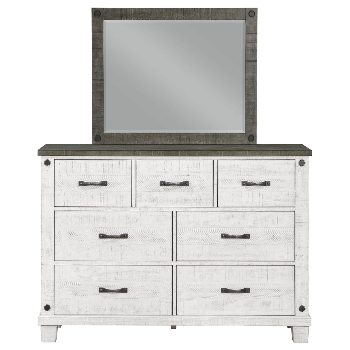 Lilith 7-drawer Dresser with Mirror Distressed Grey and White