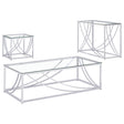 Lille Chrome 3-Piece Glass Top Coffee, End and Sofa Table Set by Coaster at Eve Furniture