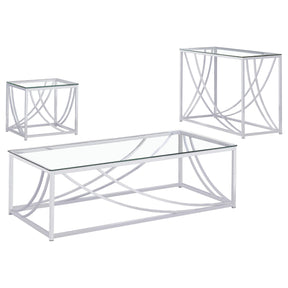 Lille Chrome 3-Piece Glass Top Coffee, End and Sofa Table Set by Coaster at Eve Furniture