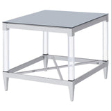 Lindley Chrome Square End Table with Acrylic Legs and Tempered Mirror Top by Coaster at Eve Furniture