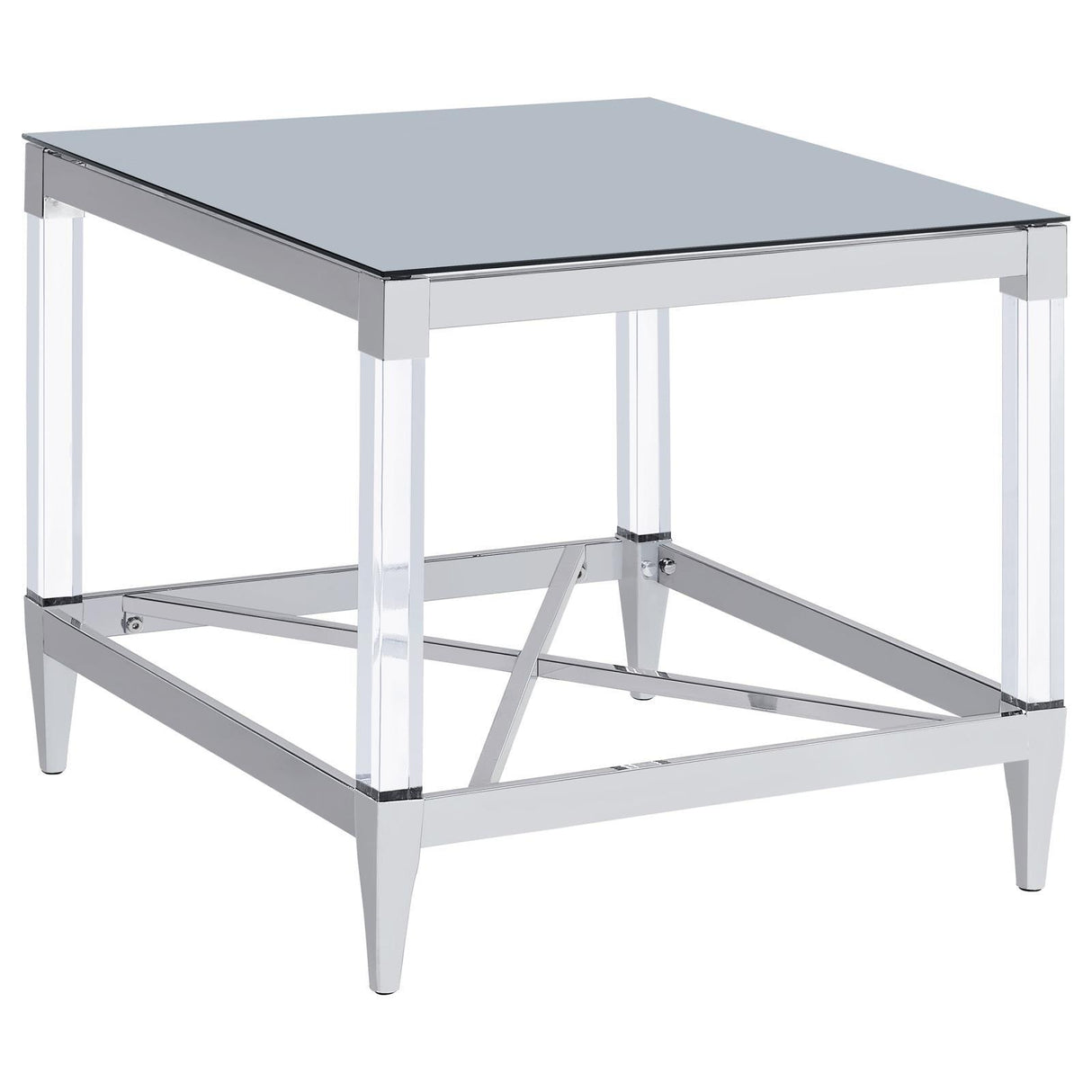 Lindley Chrome Square End Table with Acrylic Legs and Tempered Mirror Top by Coaster at Eve Furniture
