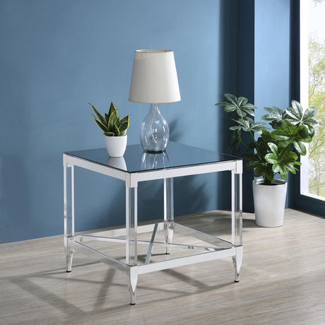 Lindley Chrome Square End Table with Acrylic Legs and Tempered Mirror Top by Coaster at Eve Furniture