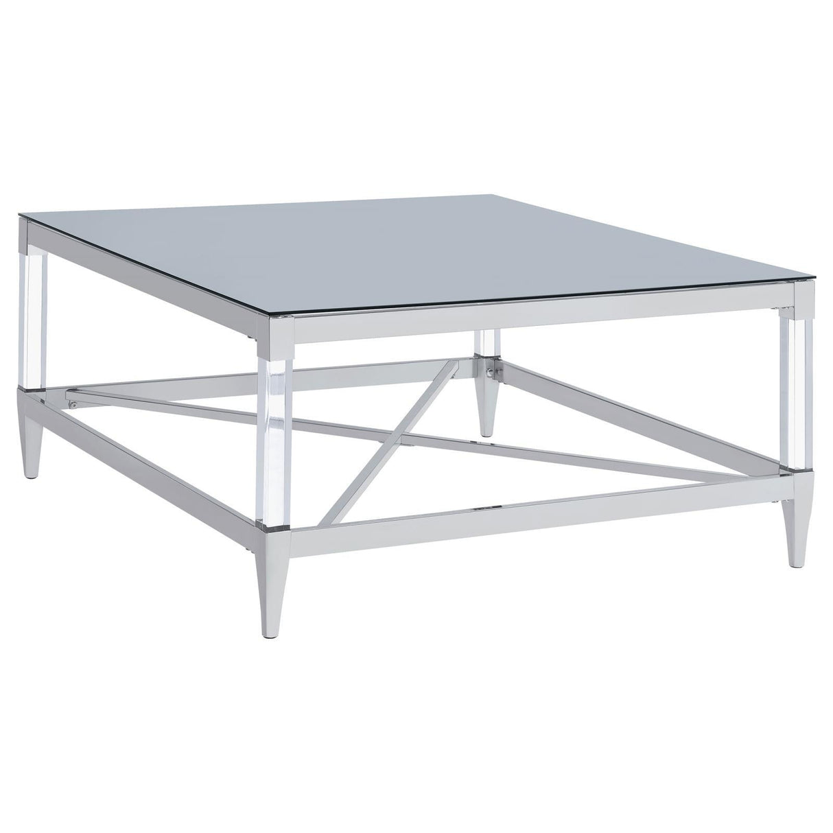 Lindley Square Coffee Table with Acrylic Legs and Tempered Mirror Top Chrome by Coaster at Eve Furniture