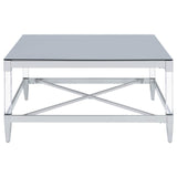 Lindley Square Coffee Table with Acrylic Legs and Tempered Mirror Top Chrome by Coaster at Eve Furniture