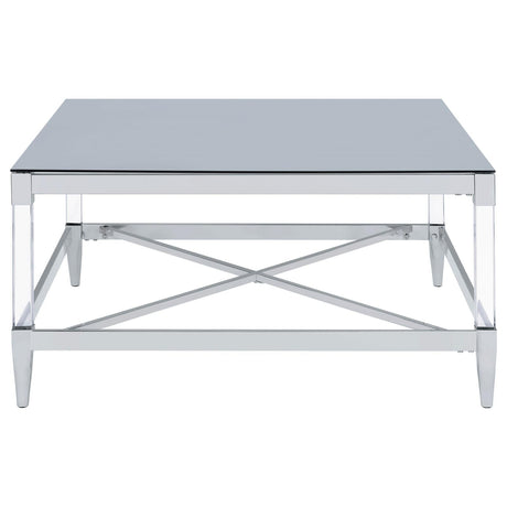 Lindley Square Coffee Table with Acrylic Legs and Tempered Mirror Top Chrome by Coaster at Eve Furniture