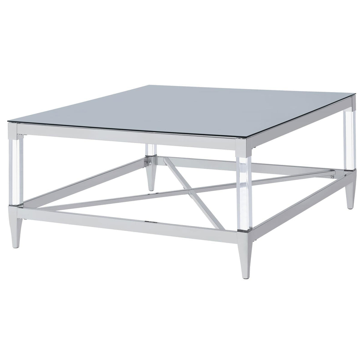 Lindley Square Coffee Table with Acrylic Legs and Tempered Mirror Top Chrome by Coaster at Eve Furniture