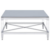Lindley Square Coffee Table with Acrylic Legs and Tempered Mirror Top Chrome by Coaster at Eve Furniture
