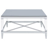 Lindley Square Coffee Table with Acrylic Legs and Tempered Mirror Top Chrome by Coaster at Eve Furniture