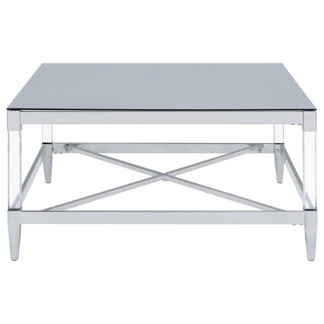Lindley Square Coffee Table with Acrylic Legs and Tempered Mirror Top Chrome by Coaster at Eve Furniture