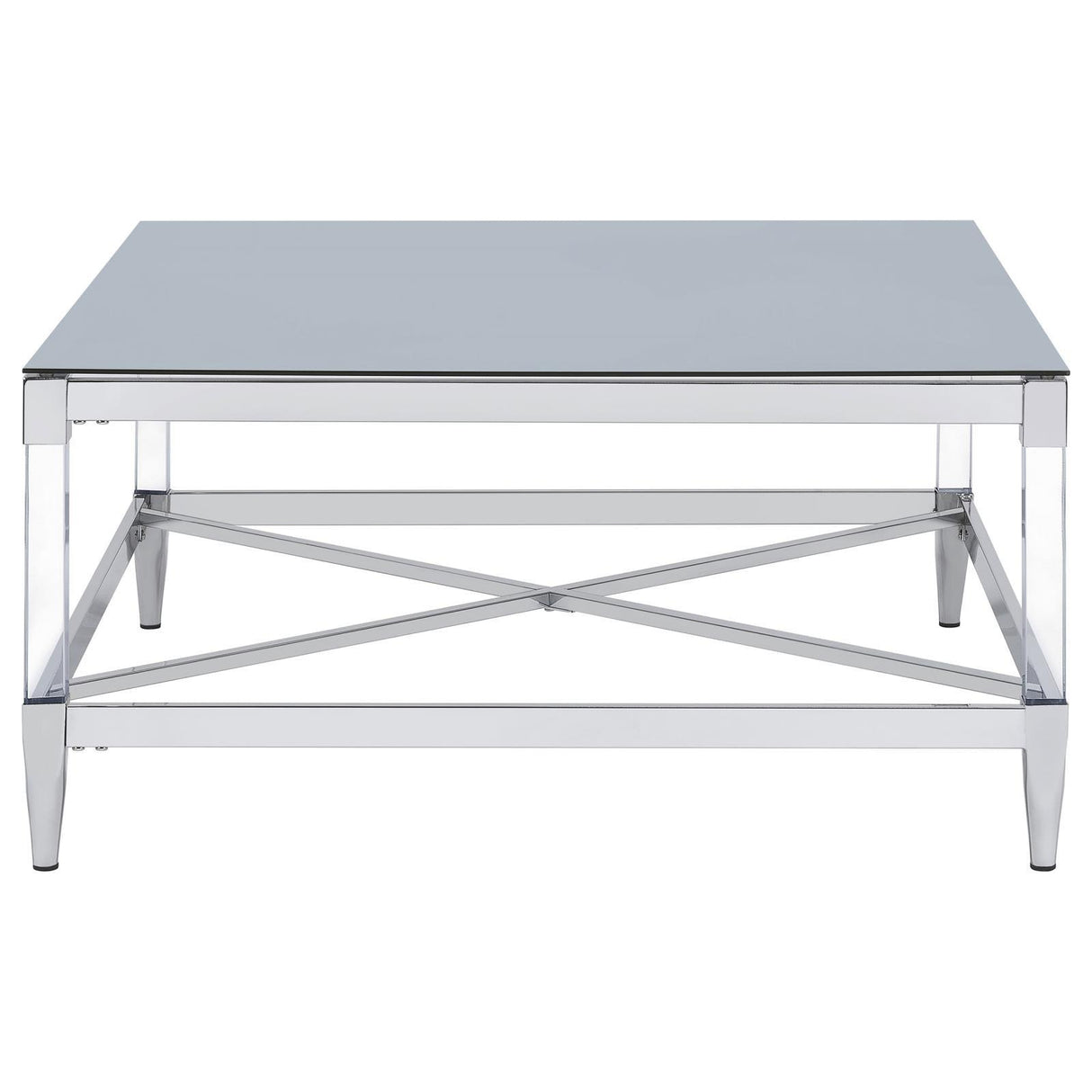 Lindley Square Coffee Table with Acrylic Legs and Tempered Mirror Top Chrome by Coaster at Eve Furniture