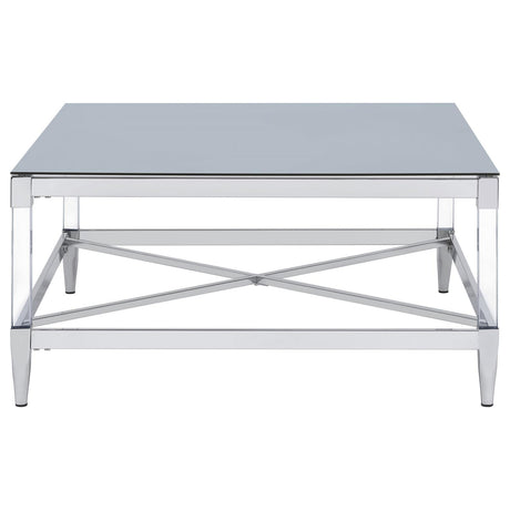 Lindley Square Coffee Table with Acrylic Legs and Tempered Mirror Top Chrome by Coaster at Eve Furniture