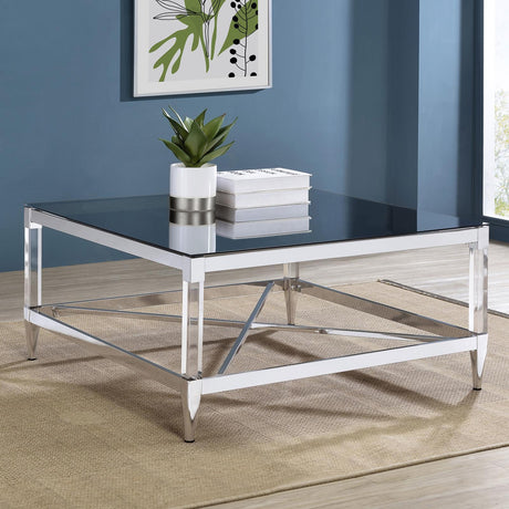 Lindley Square Coffee Table with Acrylic Legs and Tempered Mirror Top Chrome by Coaster at Eve Furniture