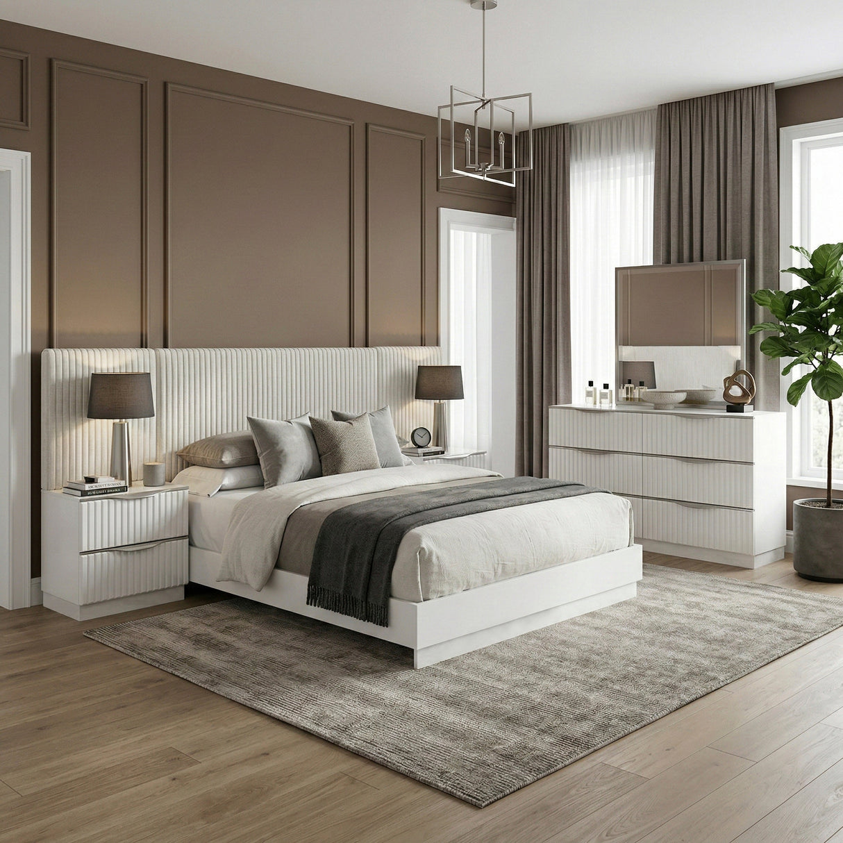 Linea Pearl White California King Bed with 2 Nightstands by Homelegance at Eve Furniture