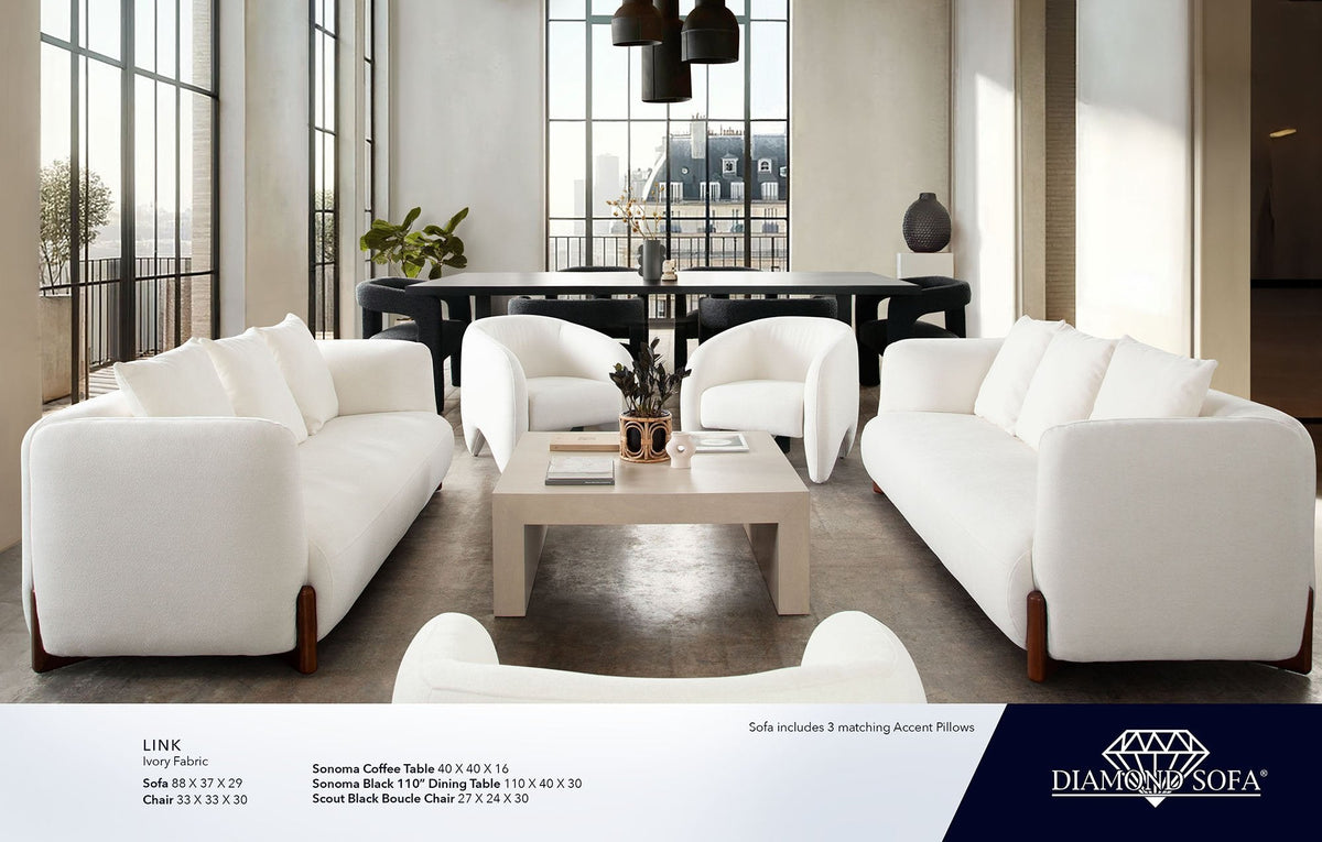 Link Sofa In Elite Ivory Fabric with Wood Leg by Diamond Sofa at Eve Furniture
