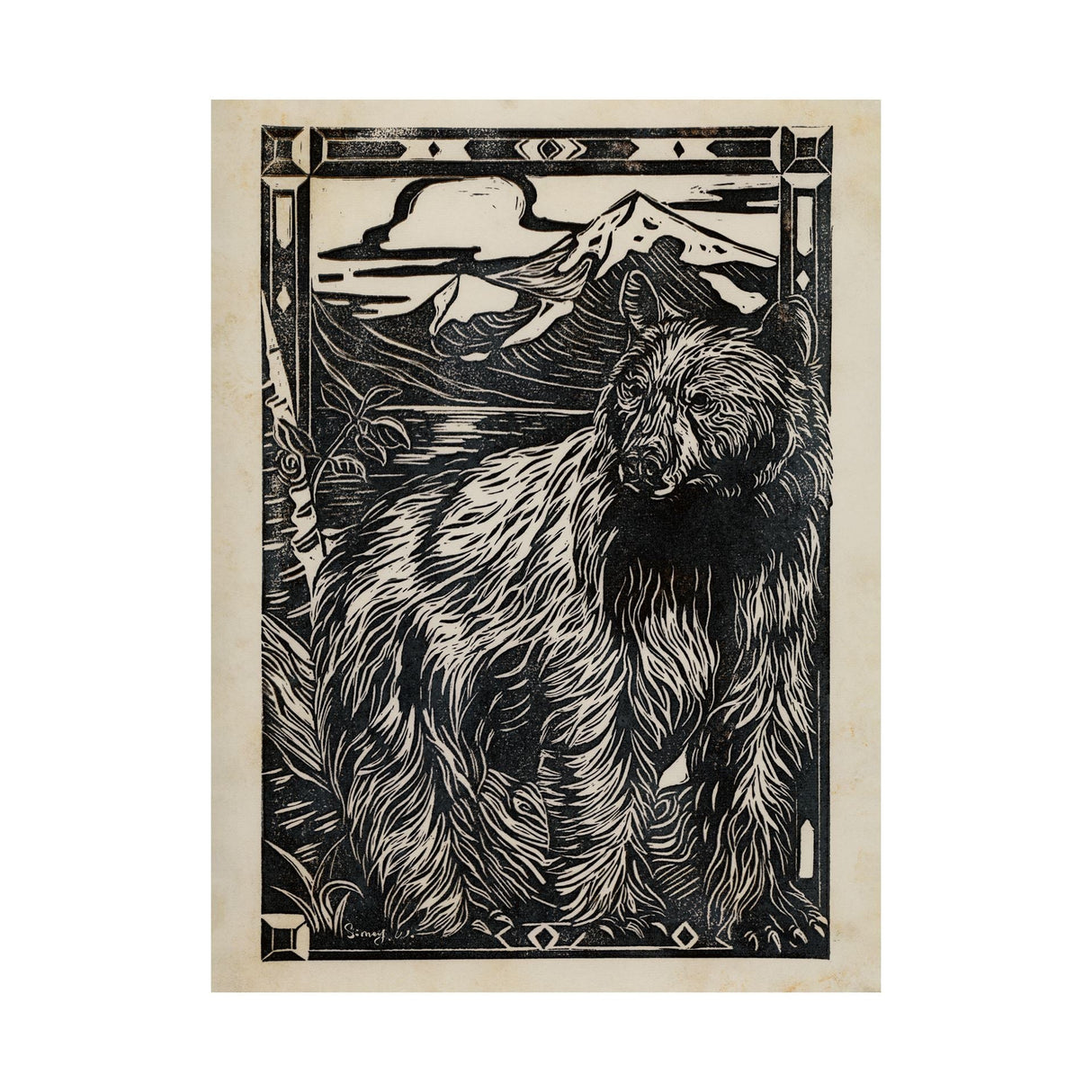 Linocut III (Bear) by Mercana Studio a Hand Embellished Textured Canvas by Mercana at Eve Furniture
