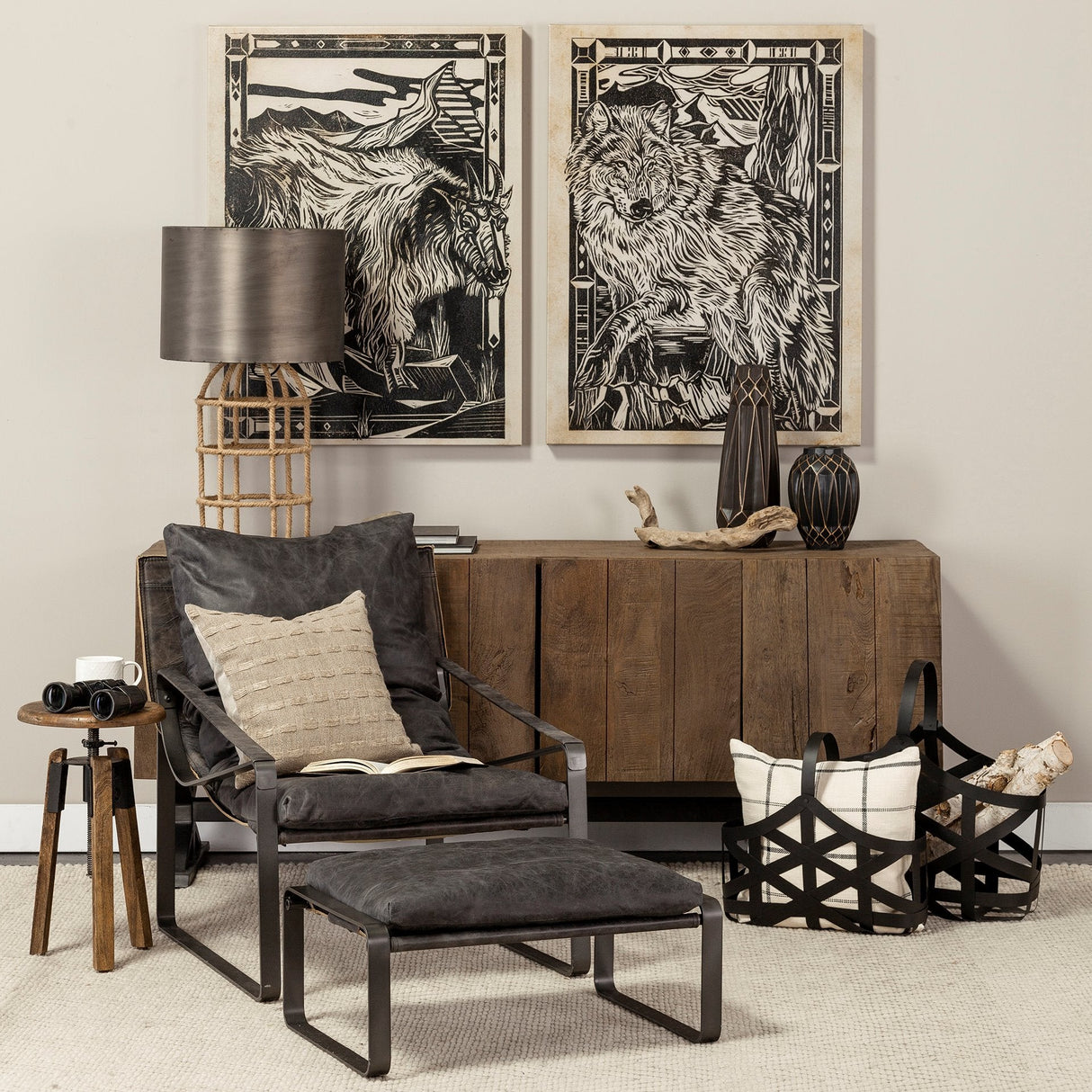 Linocut IV (Wolf) by Mercana Studio a Hand Embellished Textured Canvas by Mercana at Eve Furniture