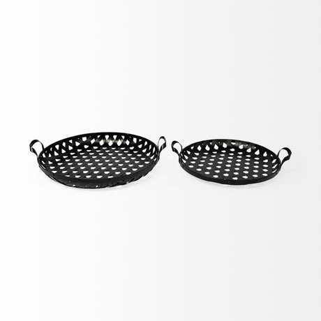 Lito (Set of 2) Black Woven Metal Round Serving Trays by Mercana at Eve Furniture