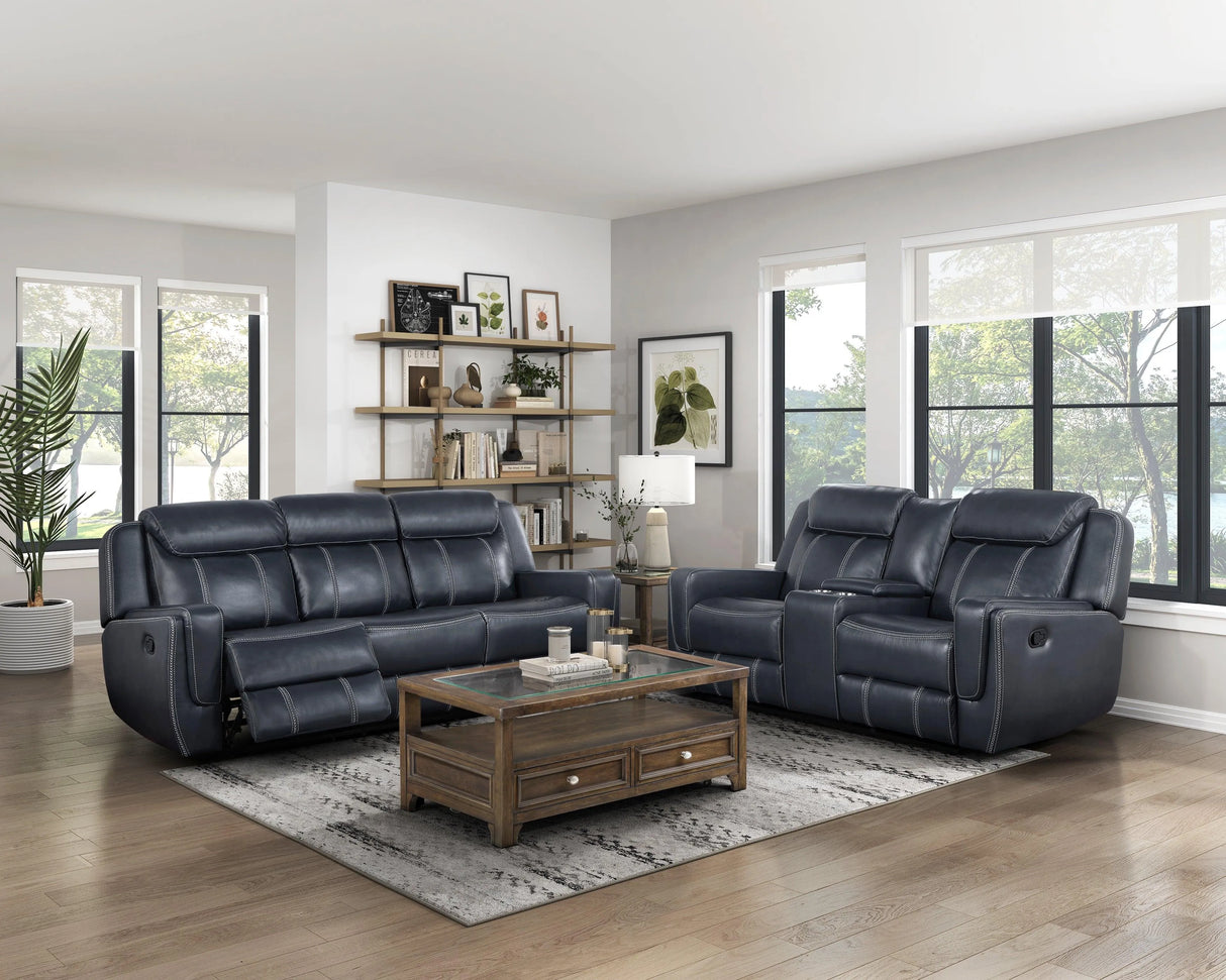 Littleton Blue Double Reclining Loveseat with Center Console, Receptacles and USB Ports by Homelegance at Eve Furniture