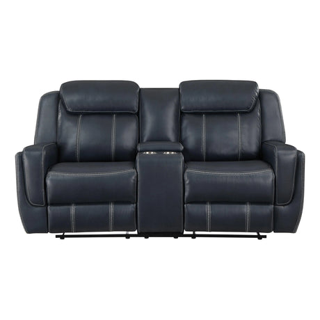 Littleton Blue Double Reclining Loveseat with Center Console, Receptacles and USB Ports by Homelegance at Eve Furniture