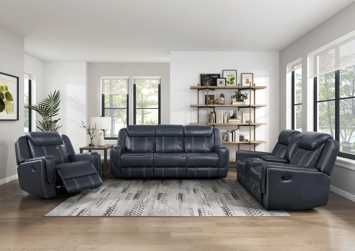 Littleton Blue Double Reclining Sofa with Center Drop-Down Cup Holders, Magazine bag, Receptacles and USB Ports by Homelegance at Eve Furniture