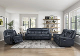 Littleton Blue Double Reclining Sofa with Center Drop-Down Cup Holders, Magazine bag, Receptacles and USB Ports by Homelegance at Eve Furniture