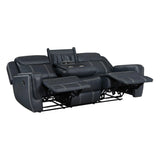 Littleton Blue Double Reclining Sofa with Center Drop-Down Cup Holders, Magazine bag, Receptacles and USB Ports by Homelegance at Eve Furniture