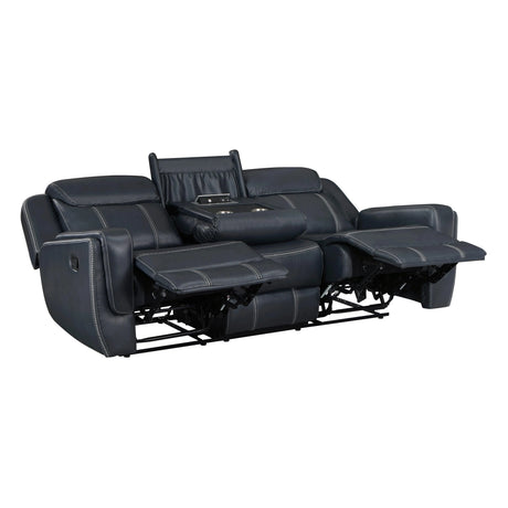 Littleton Blue Double Reclining Sofa with Center Drop-Down Cup Holders, Magazine bag, Receptacles and USB Ports by Homelegance at Eve Furniture