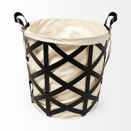 Liya Black Metal Basket with Cream Fabric Liner by Mercana at Eve Furniture