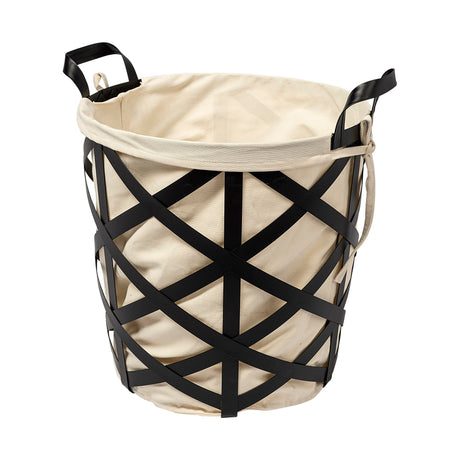 Liya Black Metal Basket with Cream Fabric Liner by Mercana at Eve Furniture
