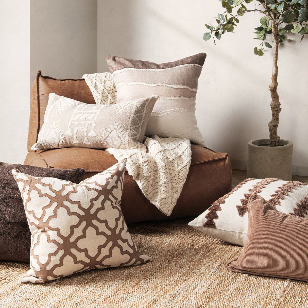 LN Bikram Ivory/Mocha Cream 22x22 Throw Pillow (Set of 2) by Classic Home at Eve Furniture