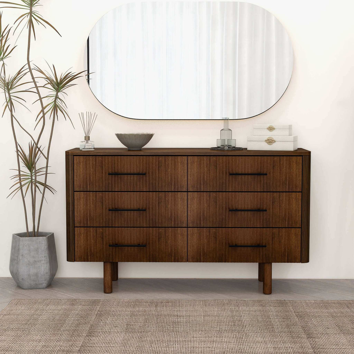 Logan Mid Century Modern Walnut Dresser With 6 Drawers by Ashcroft Furniture at Eve Furniture