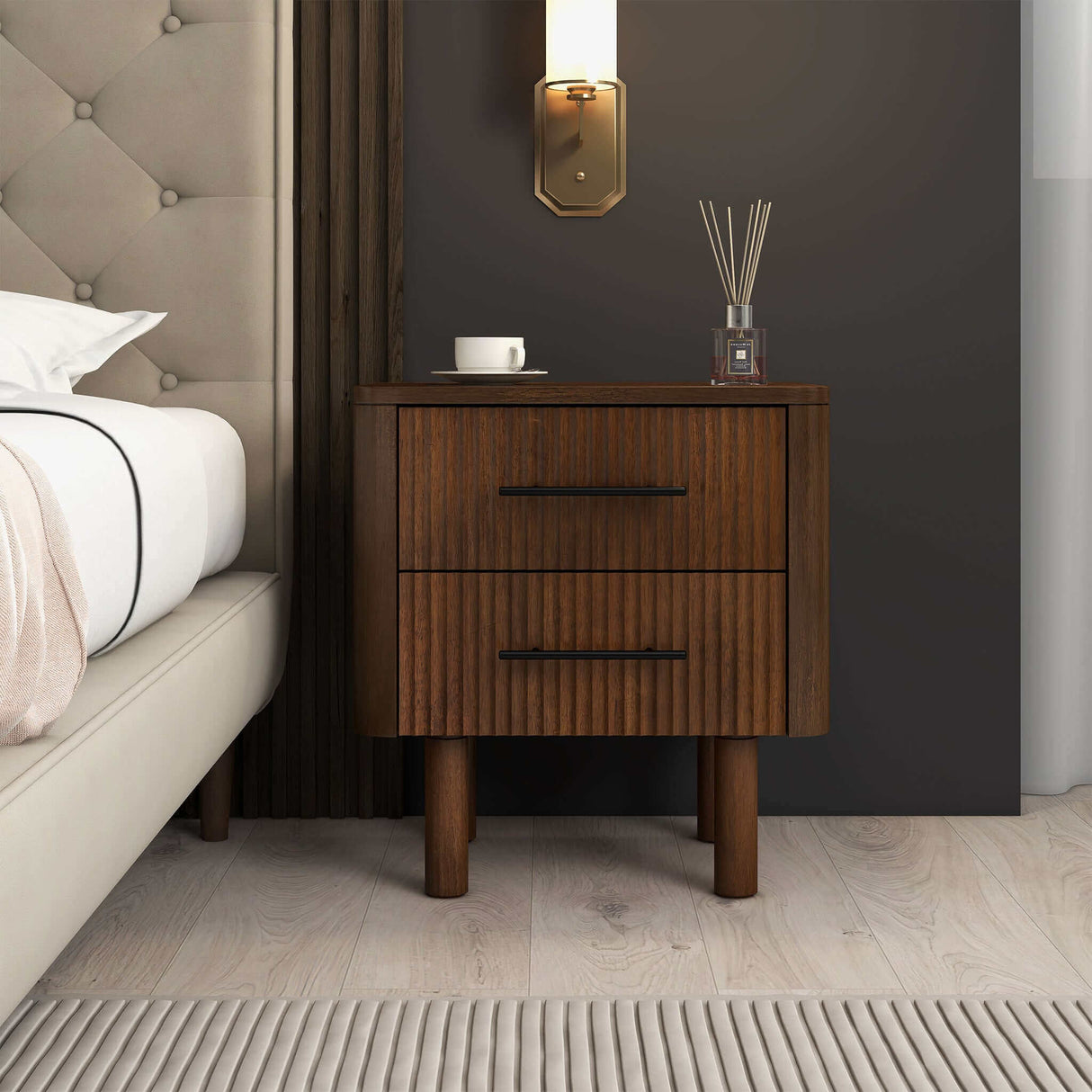 Logan Mid Century Modern Walnut Nightstand Bed Side Tables With 2 Drawers by Ashcroft Furniture at Eve Furniture