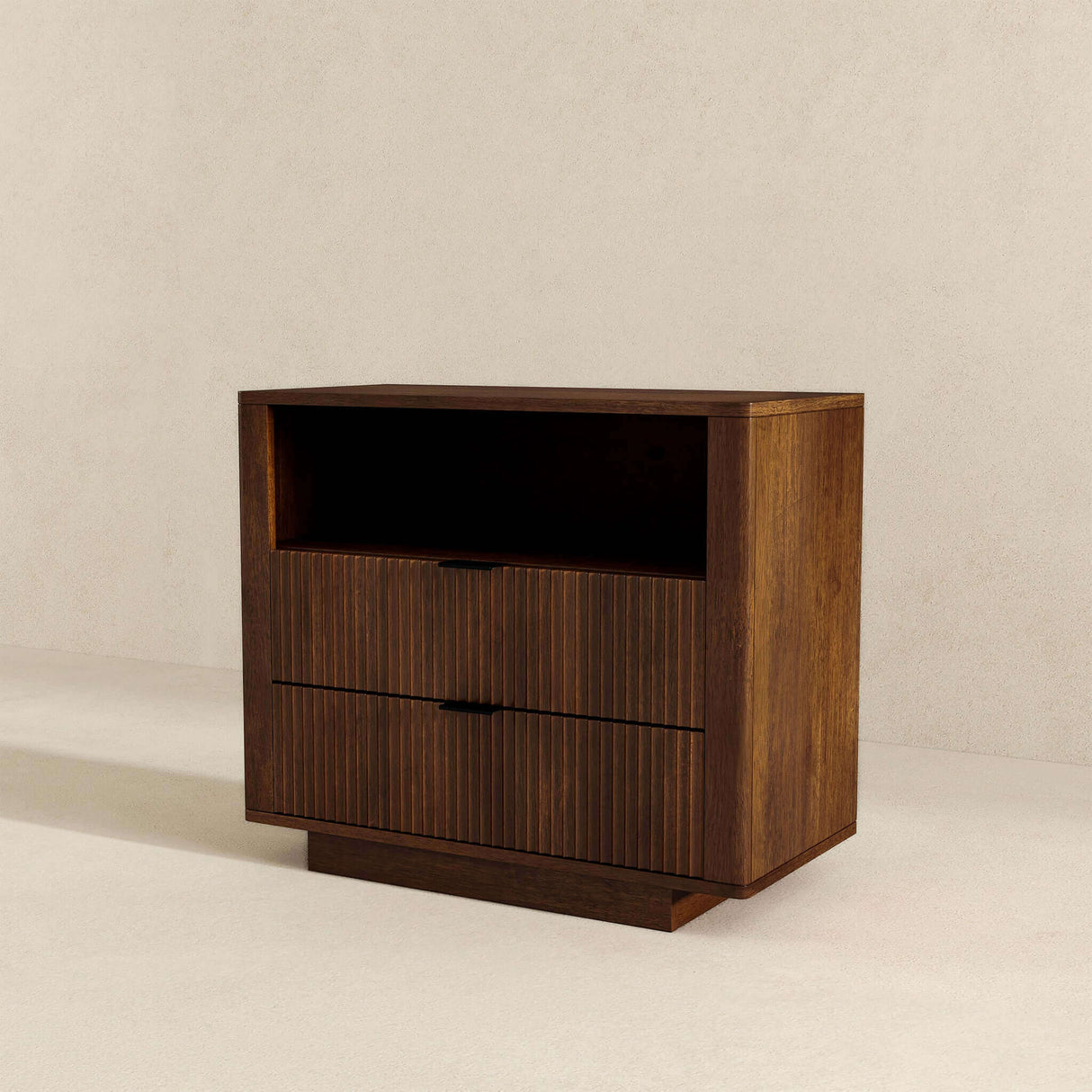 Lola Mid Century Modern Walnut Nightstand 2-Drawer Bed Side Table by Ashcroft Furniture at Eve Furniture