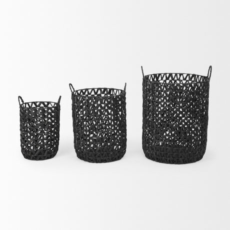 Lola (Set of 3) Black Water Hyacinth Zig Zag Weave Round Basket W/ Handles by Mercana at Eve Furniture