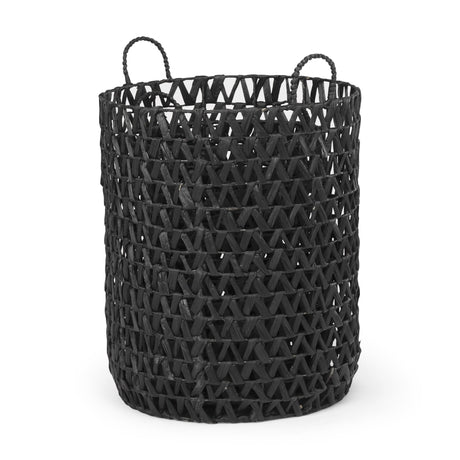 Lola (Set of 3) Black Water Hyacinth Zig Zag Weave Round Basket W/ Handles by Mercana at Eve Furniture