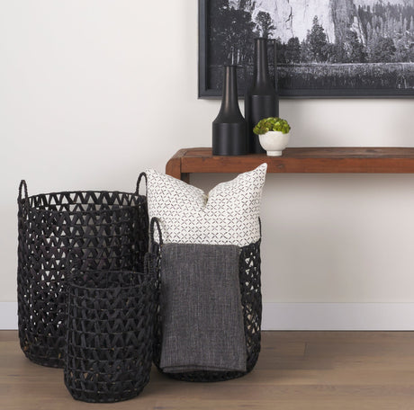 Lola (Set of 3) Black Water Hyacinth Zig Zag Weave Round Basket W/ Handles by Mercana at Eve Furniture