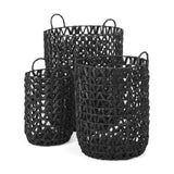 Lola (Set of 3) Black Water Hyacinth Zig Zag Weave Round Basket W/ Handles by Mercana at Eve Furniture
