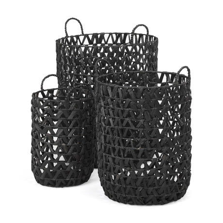Lola (Set of 3) Black Water Hyacinth Zig Zag Weave Round Basket W/ Handles by Mercana at Eve Furniture