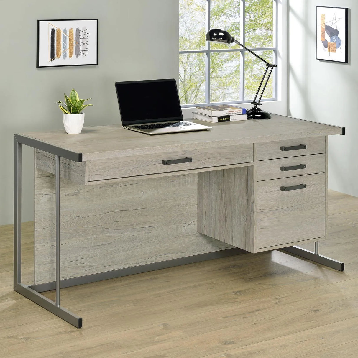 Loomis Whitewashed Gray/Gunmetal 4-Drawer Rectangular Office Desk by Coaster at Eve Furniture