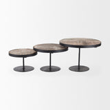 Lorenz (Set of 3) Light Brown Wood W/ Black Metal Base Round Decorative Display Stands by Mercana at Eve Furniture