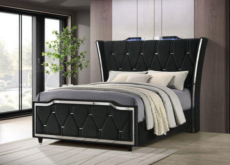 Lorient Black Queen LED Upholstered Wingback Bed by Coaster at Eve Furniture