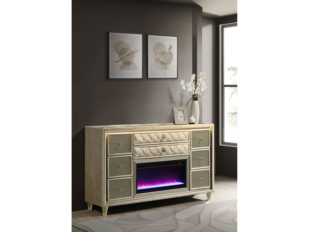 Lorient Ivory/Camel 8-drawer LED Bedroom Flame Box Dresser