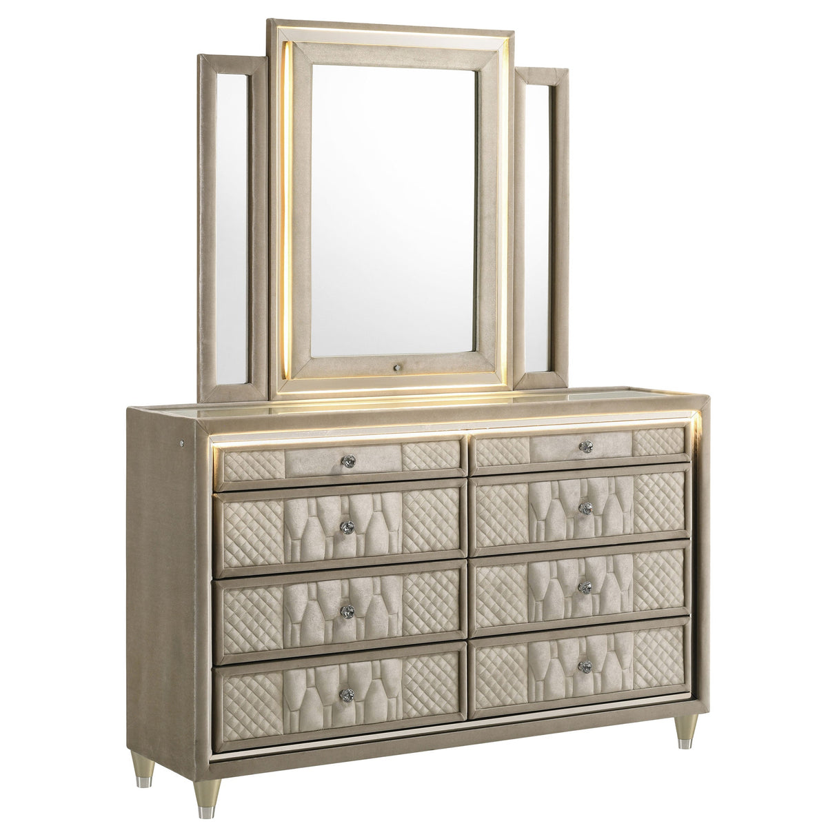 Lorient Ivory/Camel 8-drawer LED Dresser with Mirror by Coaster at Eve Furniture