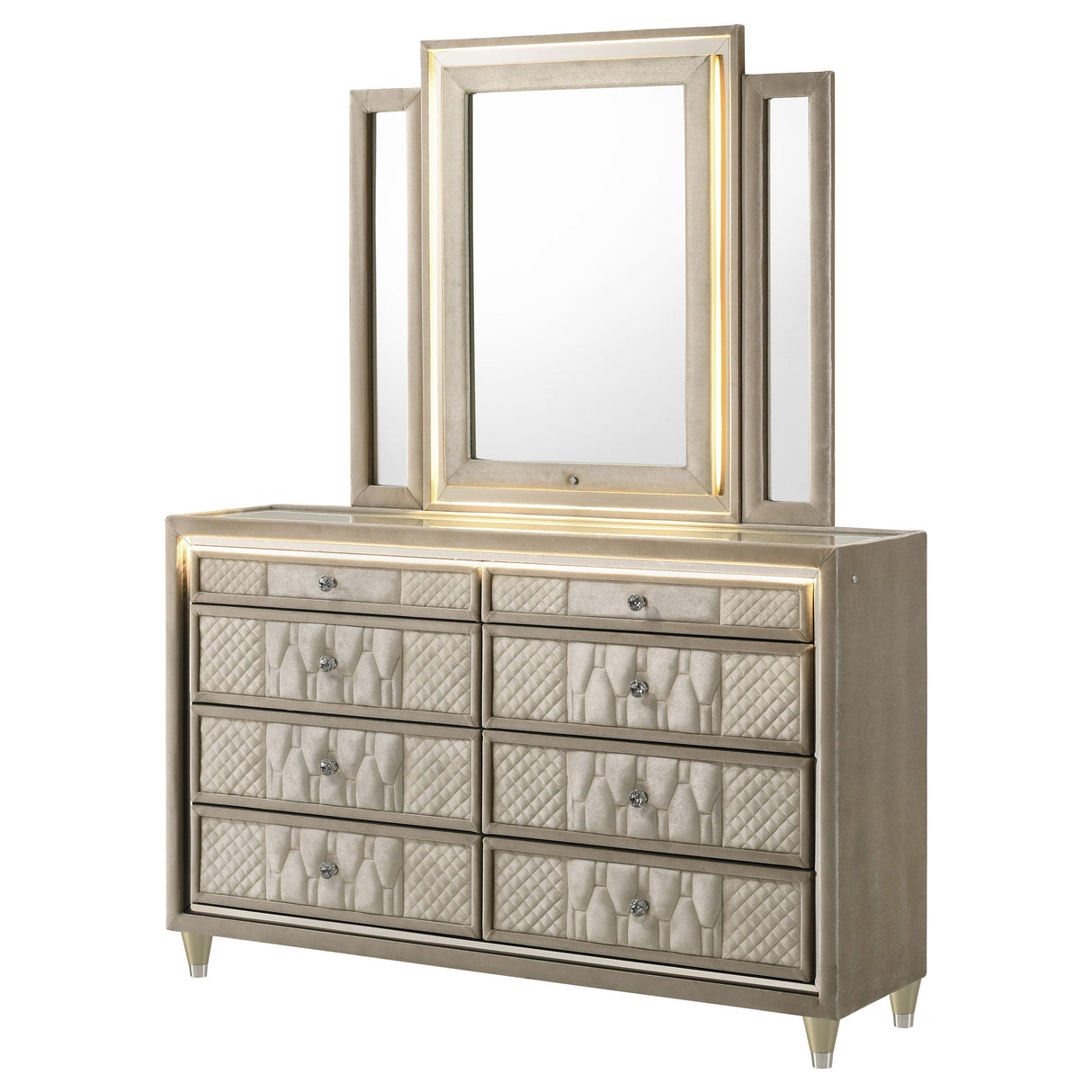 Lorient Ivory/Camel 8-drawer LED Dresser with Mirror by Coaster at Eve Furniture