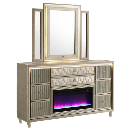 Lorient Ivory/Camel 8-drawer LED Flame Box Dresser and Mirror by Coaster at Eve Furniture