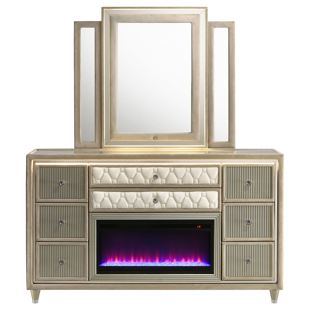 Lorient Ivory/Camel 8-drawer LED Flame Box Dresser and Mirror by Coaster at Eve Furniture
